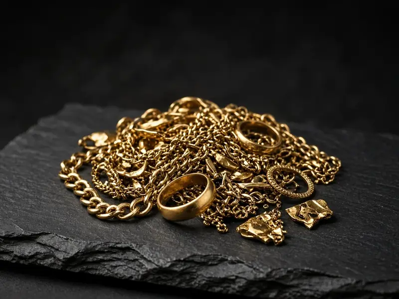Tangle of gold chains, rings and jewelry pieces on dark slate