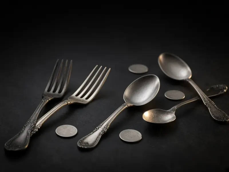 Silver forks, spoons and coins on a dark surface