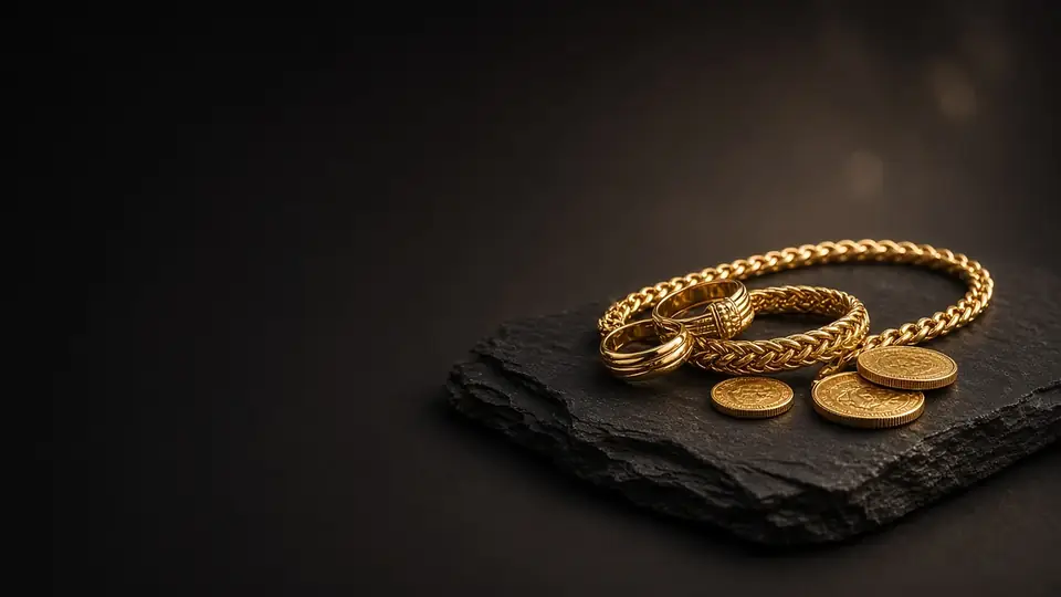 Gold chain, ring and coins resting on dark slate
