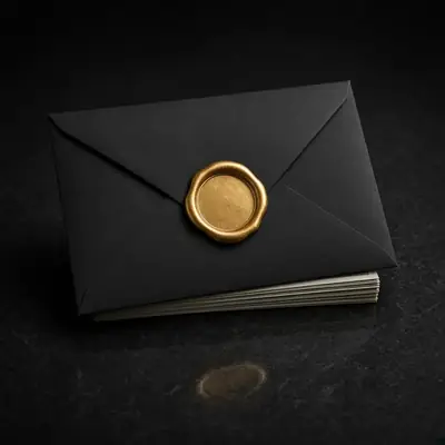 Black envelope sealed with a gold wax seal